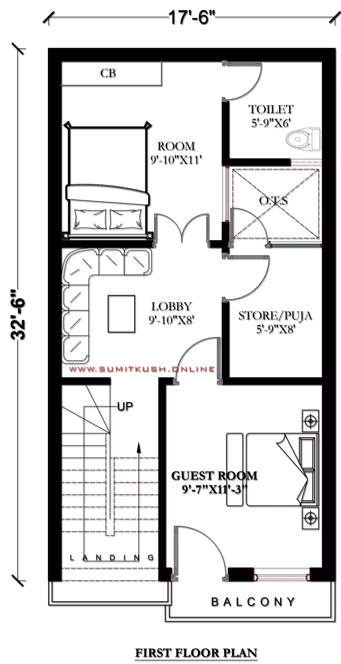 17 by 32 feet house plan, 2BHK First Floor Plan