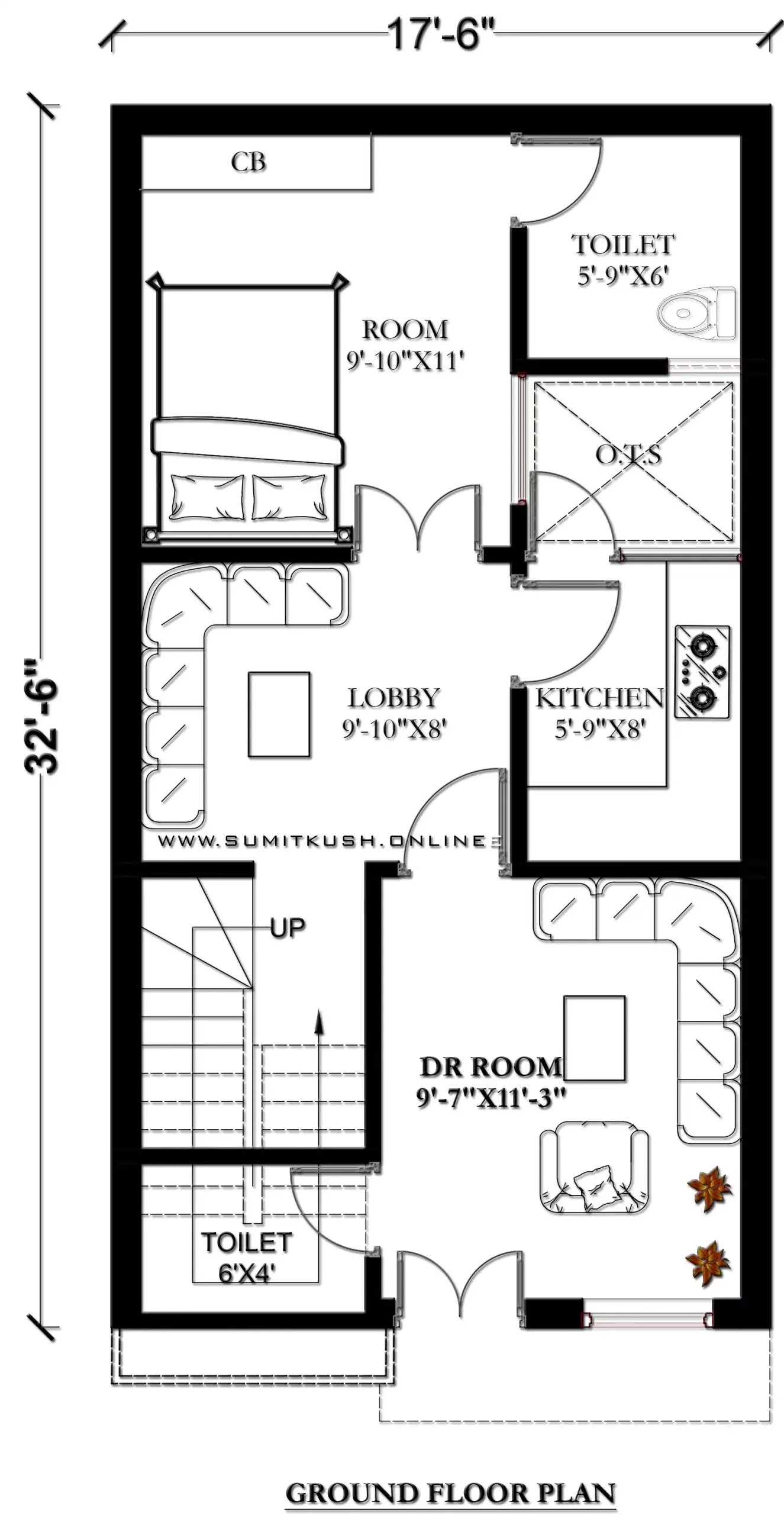17 by 32 feet house plan, 2BHK Ground Floor Plan