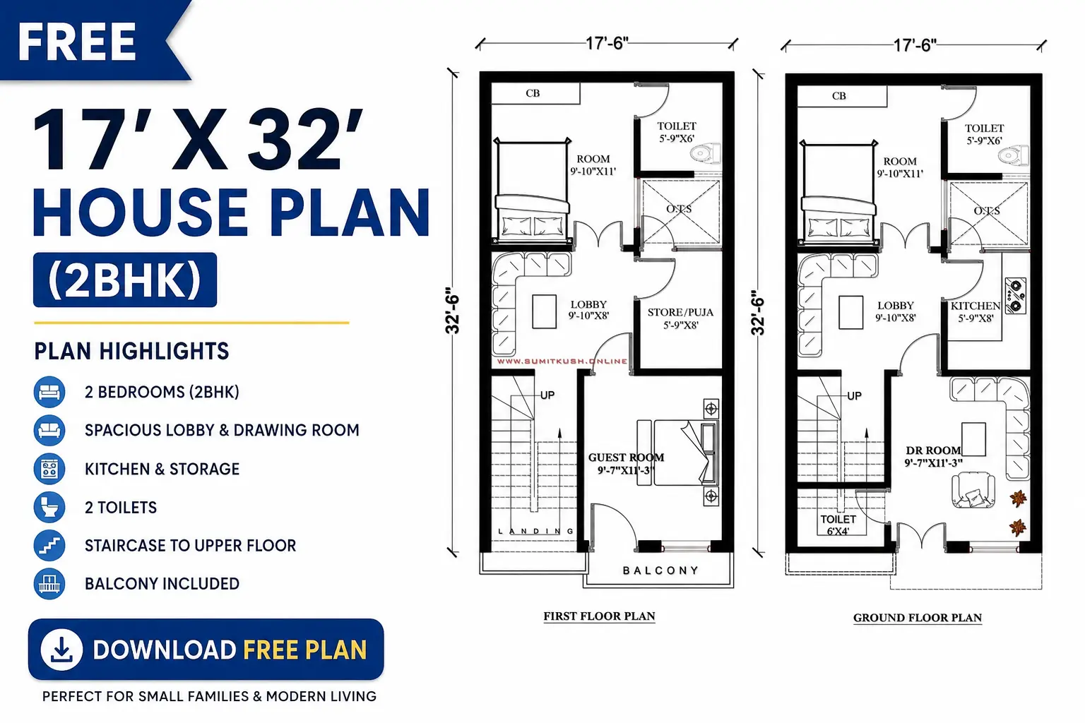 Free 17 by 32 Feet House Plan|(2BHK)