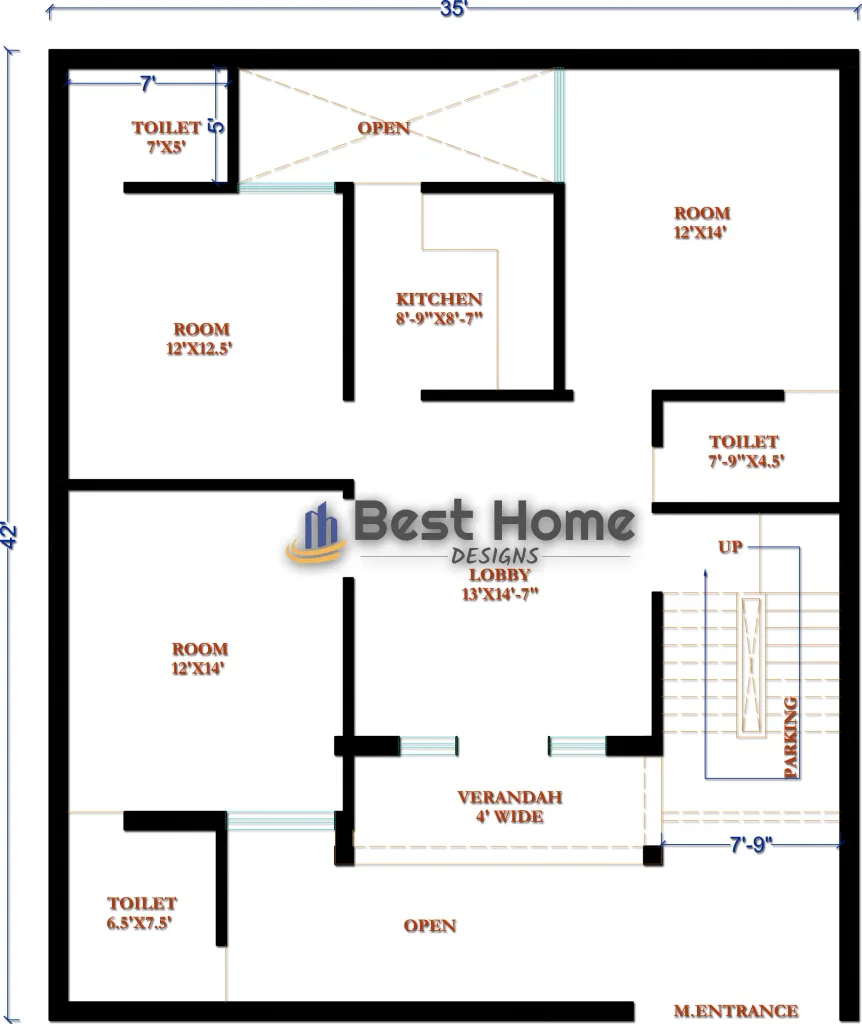 Stunning 35×42 ft House Plan With 3 Bed Rooms, Kitchen & Parking