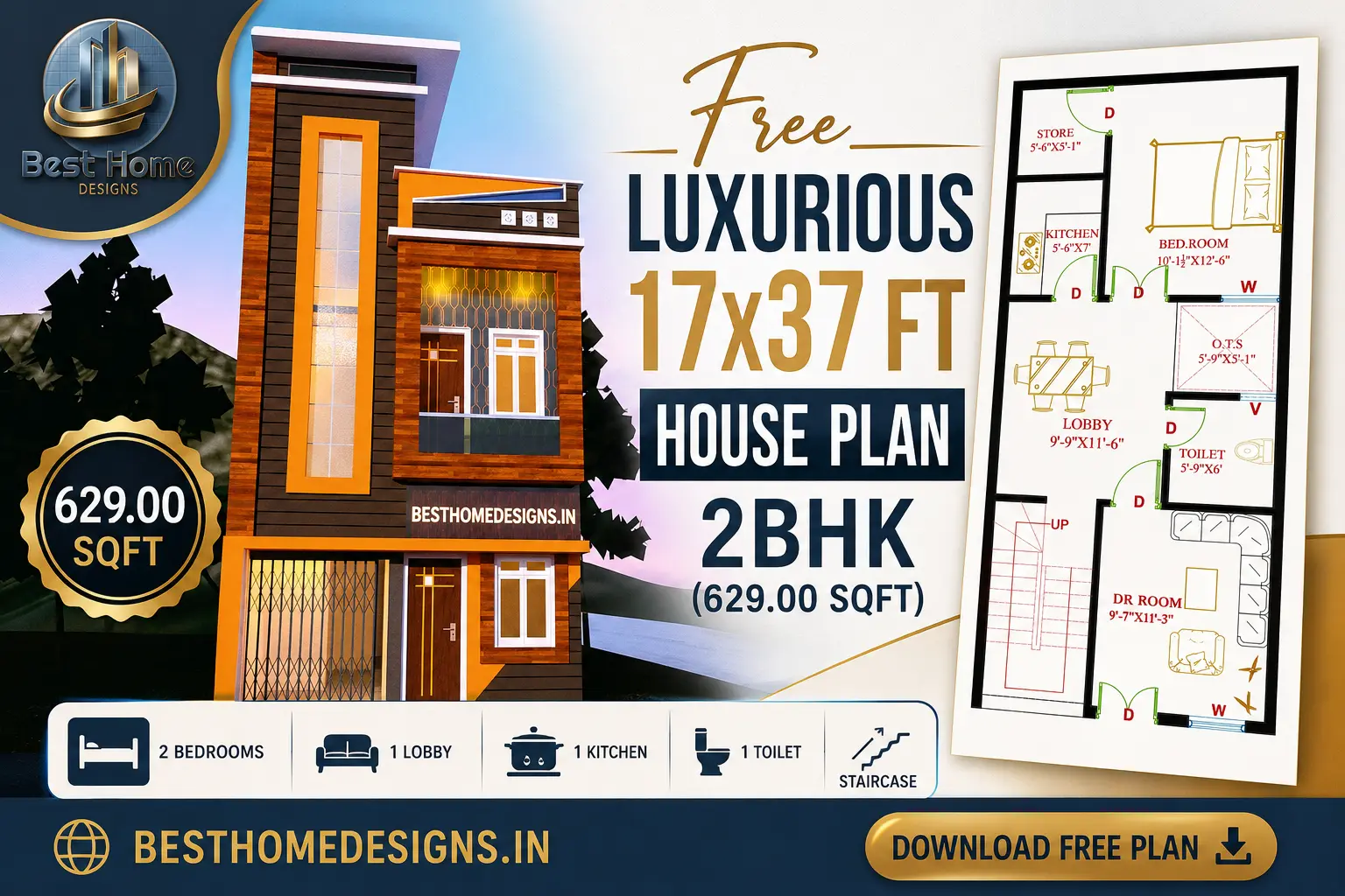 17 by 37 ft house plan with elevation