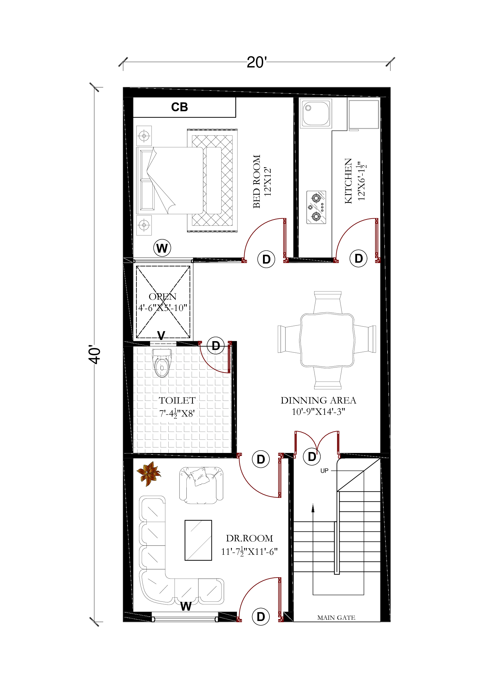 20x40 House Ground floor Plan