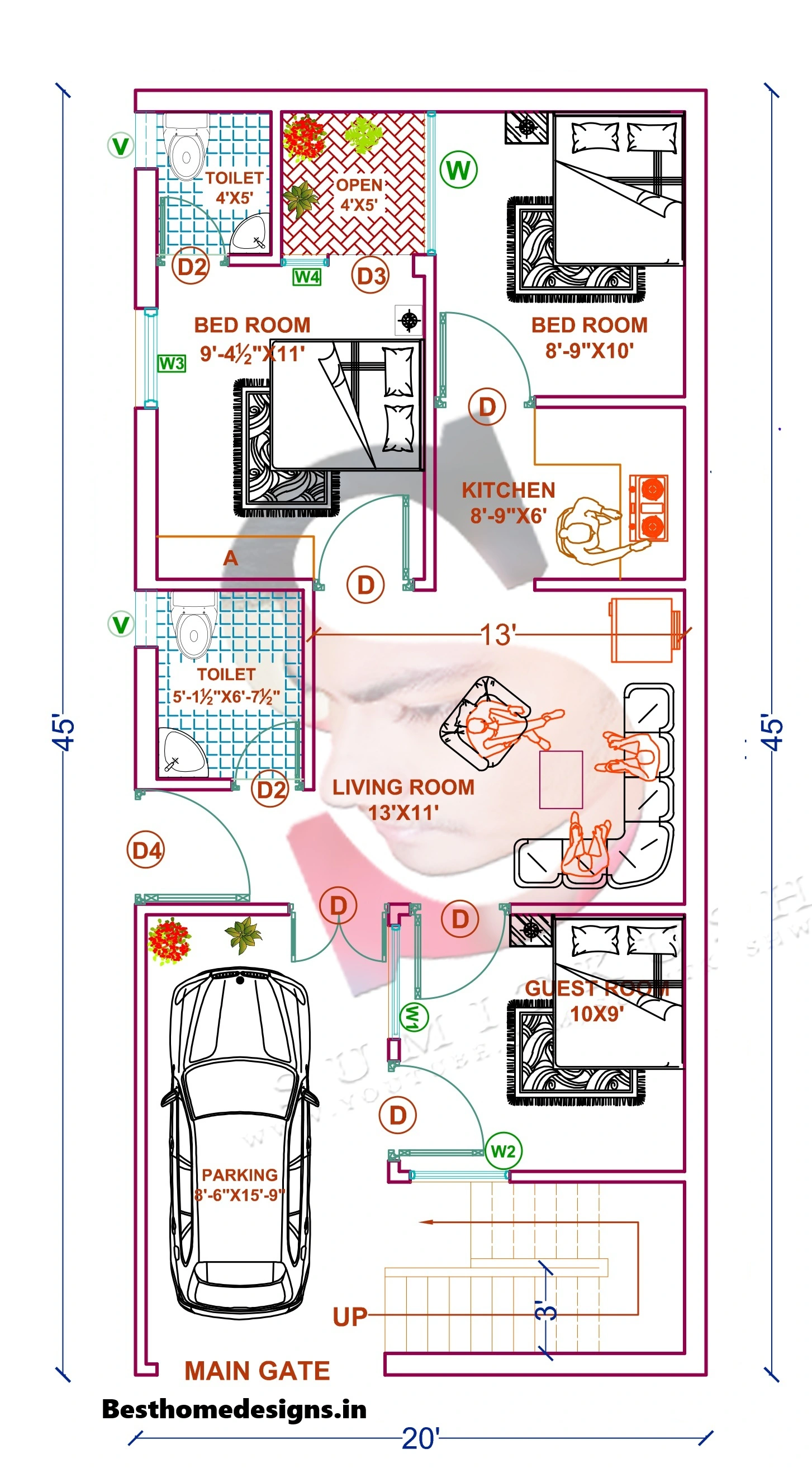 20x45 ft house plan house plan - Free 20x45 ft House Plan with Car Parking 3BHK (900sqft)