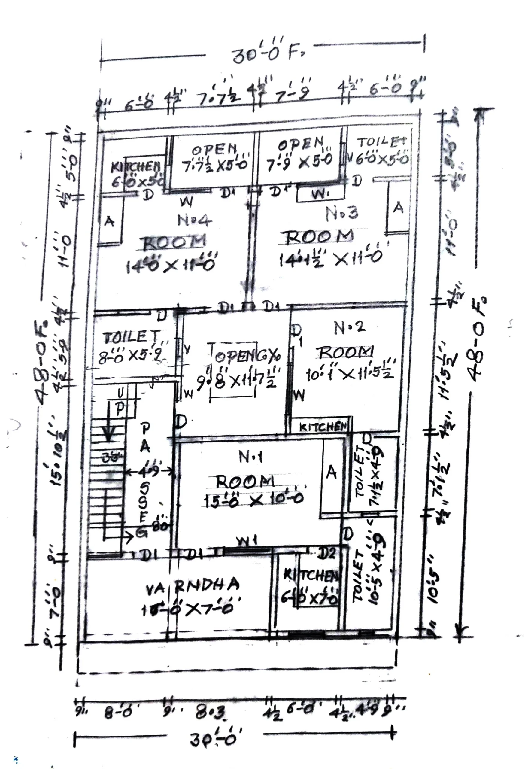 30 by 48 ft plan scaled house plan - Free 30x48 House Plan with 4 Rooms & 2 Kitchens | 30 By 48 House Design