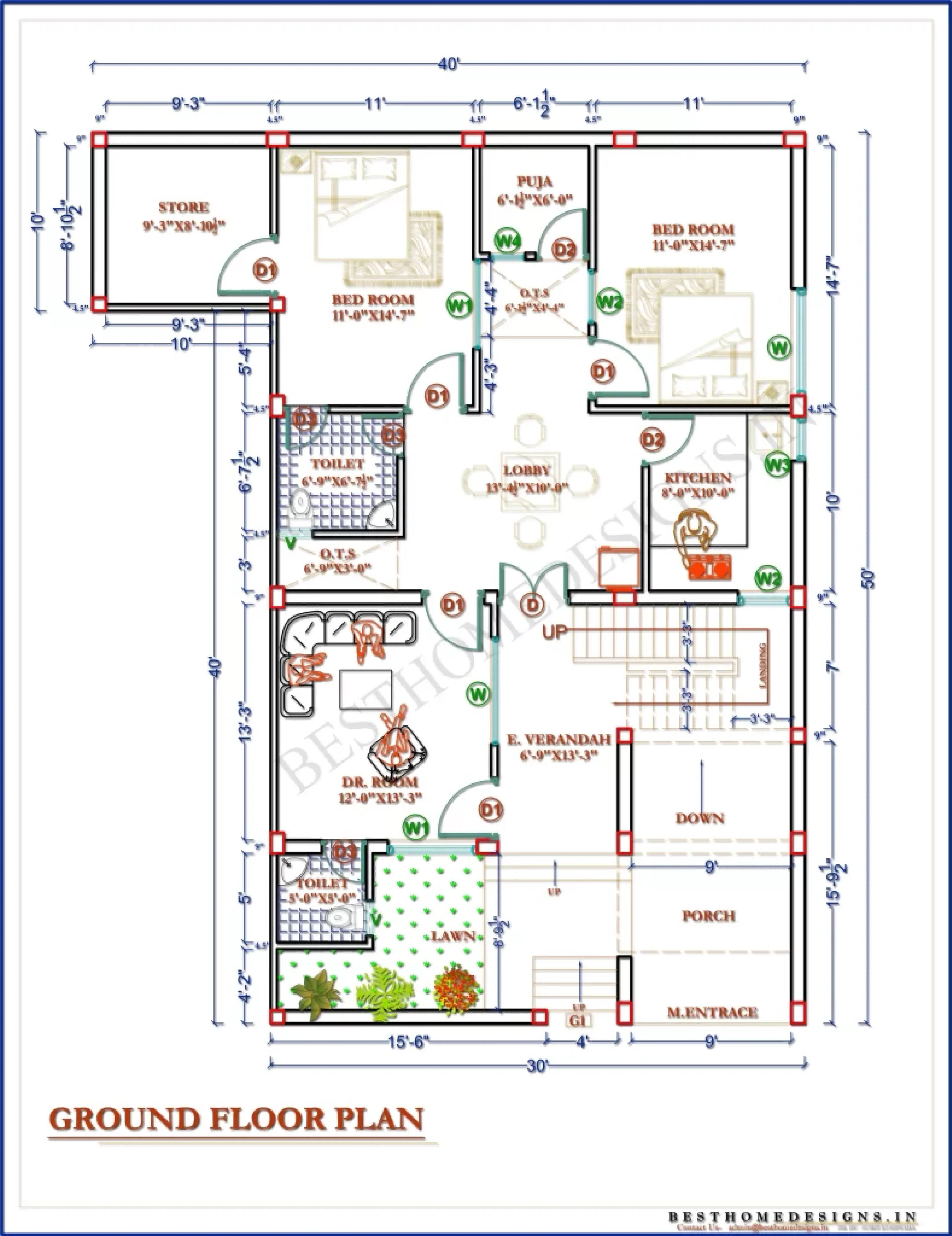 30x50 uperg round floor house plan - Free 30×50 House Plan With Basement Parking | 3BHK | 30x50 Ka Naksha