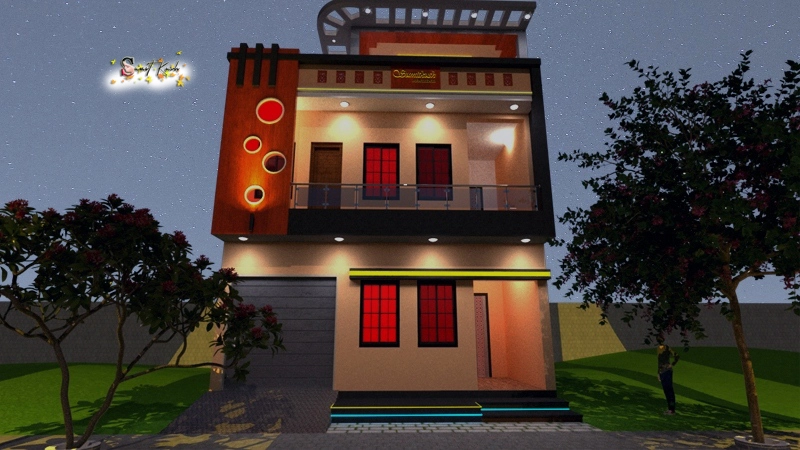 Night view house plan - Free 25 by 40 ft House Plan With Car Parking | 25 by 40 Ka Naksha