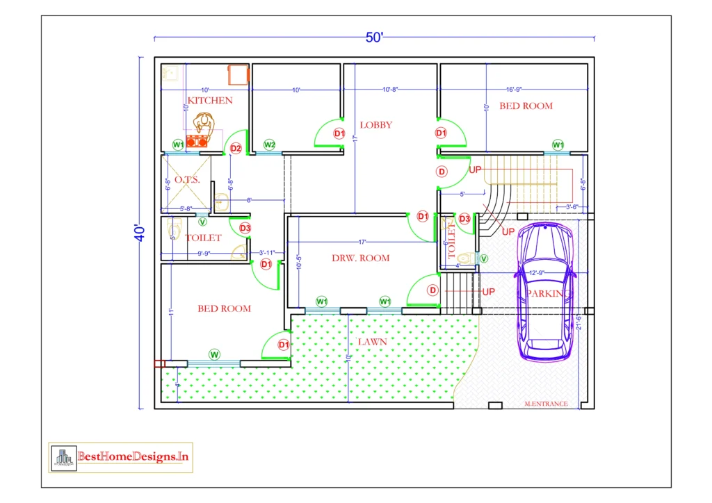 Floor plan layout of a 50 by 40 ft house plan featuring 2 bedrooms, a drawing room, and a kitchen.